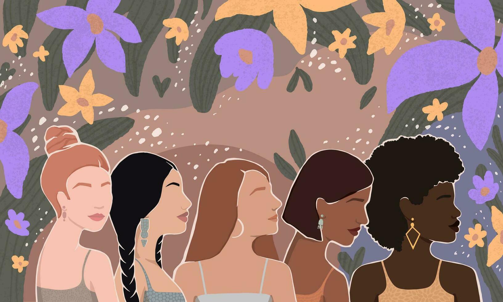 Diverse women together. Abstract vector illustration with leaves and flowers.