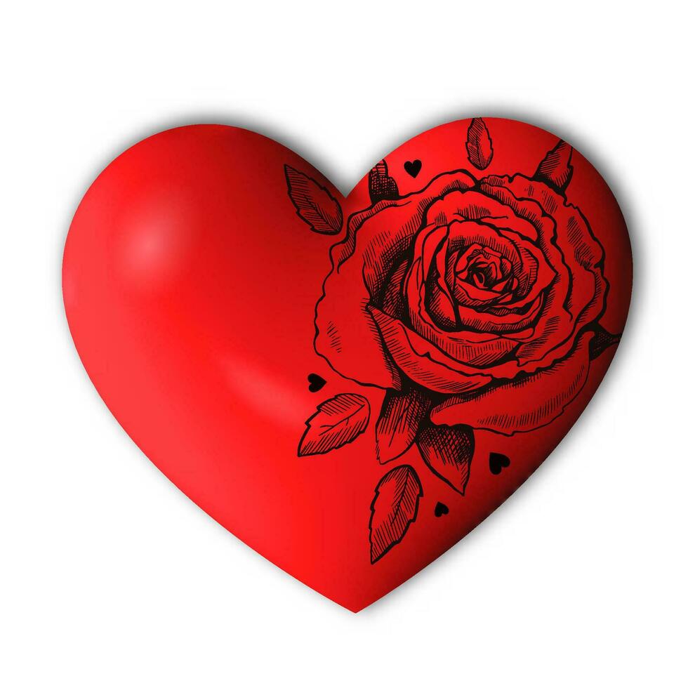 contento San Valentín día. 3d corazón con dibujado a mano rosas. tatuaje concepto. vector moderno ilustración