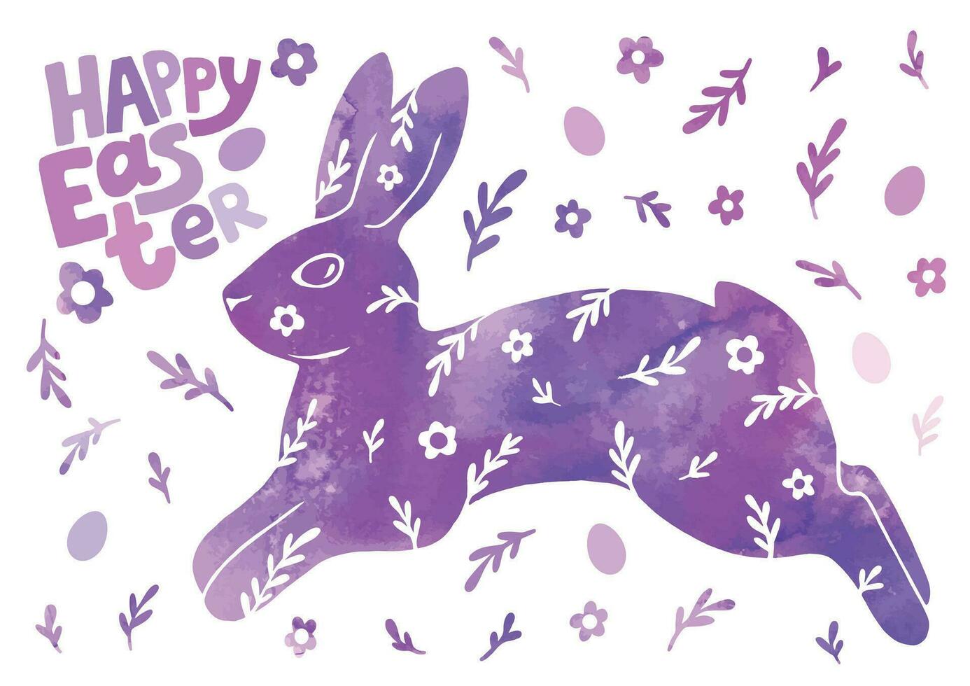 Happy Easter card. Watercolor drawing of a rabbit, flowers, eggs, and text. Gentle beautiful vector illustration.
