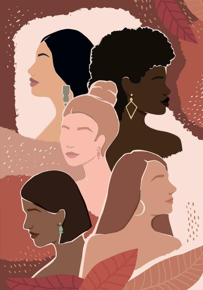 Women of different races together on an abstract autumn background with leaves. modern vector flat illustration. isolated by layers. movement to empower women. women support.