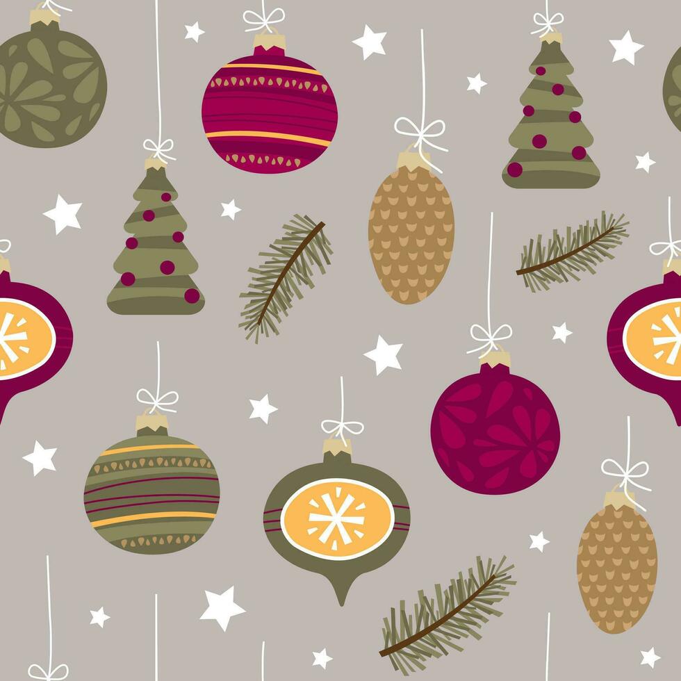 Christmas seamless vector pattern with Christmas decorations. For fabrics, wrapping paper, wallpapers.