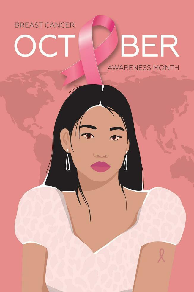 World Breast Cancer Awareness Month. Poster with pink ribbon and Asian woman. Modern vector illustration.