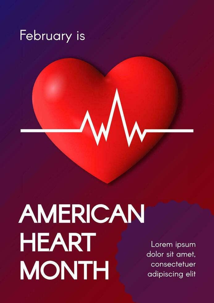 American Heart Month vertical banner. Heartbeat line on the heart. Vector 3D illustration