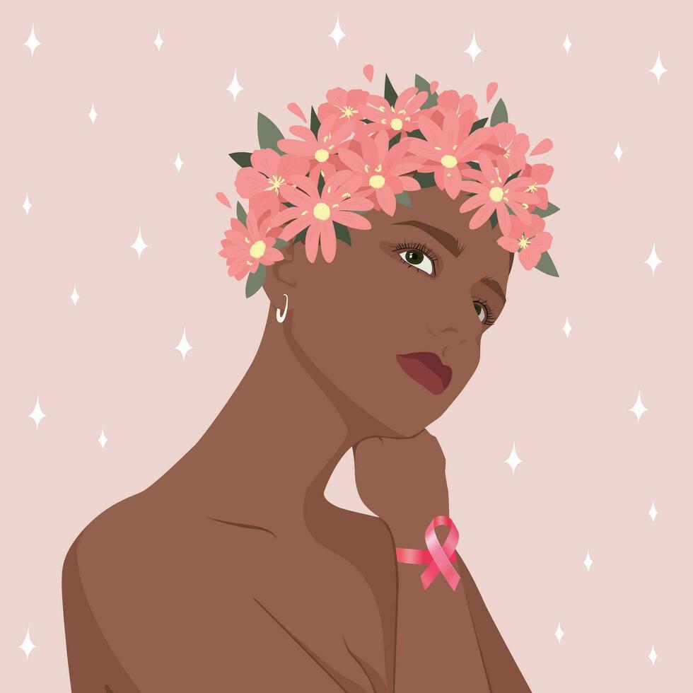 Beautiful girl in a wreath of flowers with a pink ribbon on her hand. Support for World Breast Cancer Awareness Month in October. Vector illustration.