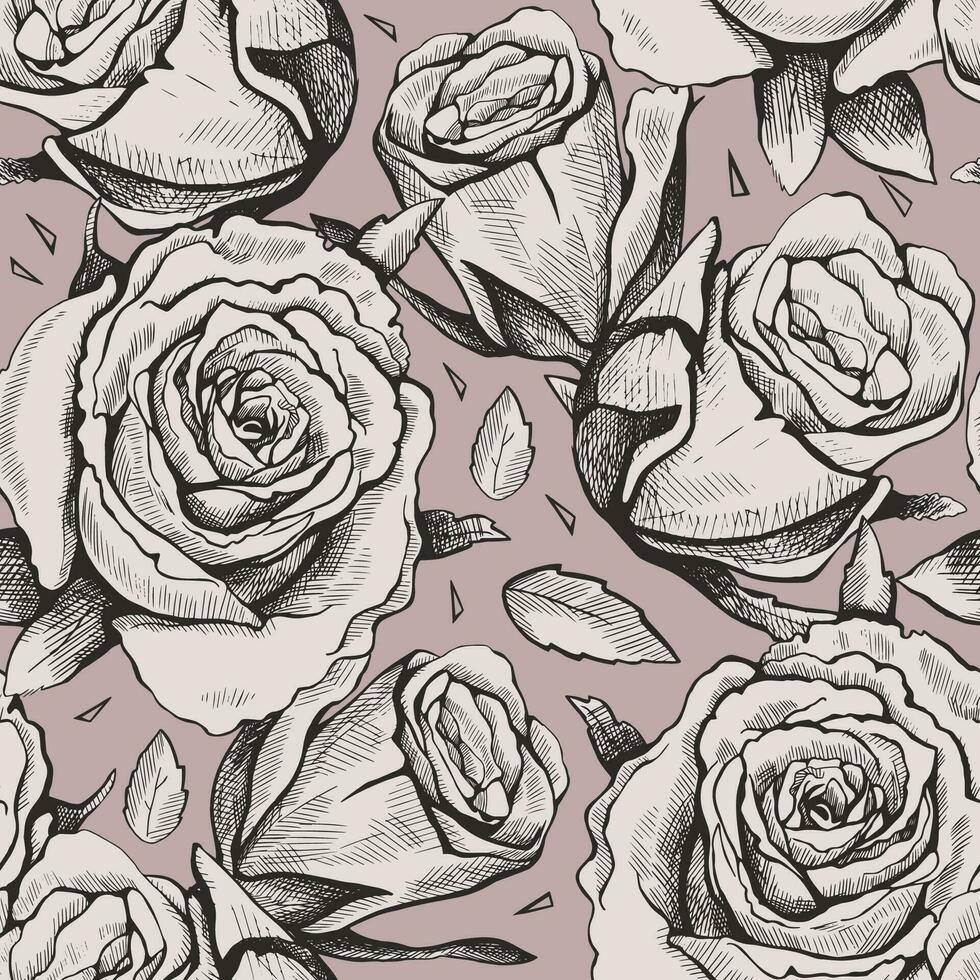 Beige seamless vector pattern of hand drawn roses. Illustration for wrapping paper, fabric, wallpaper.