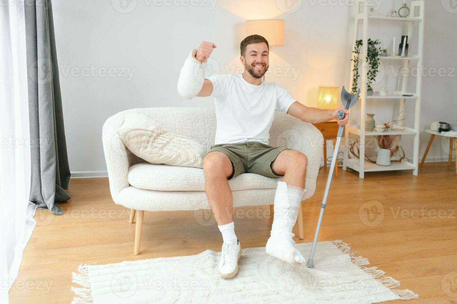Successful rehabilitation and recovery of people after physical injury such as bone fracture in car or home accident photo