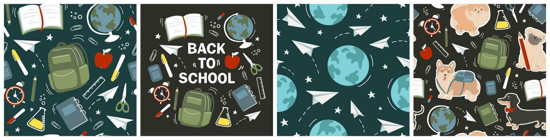 Set of Seamless patterns and cards with cute dogs and school elements - globe, paper clips, backpack, paper planes, pens, books, notebooks. Baby vector illustration.