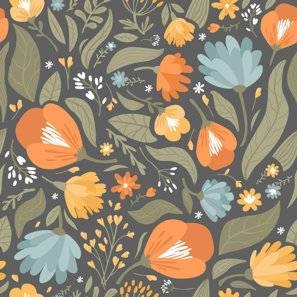 Vector seamless pattern of flowers and leaves. Simple modern illustration for trendy fabrics, wallpapers, wrapping paper, linens.