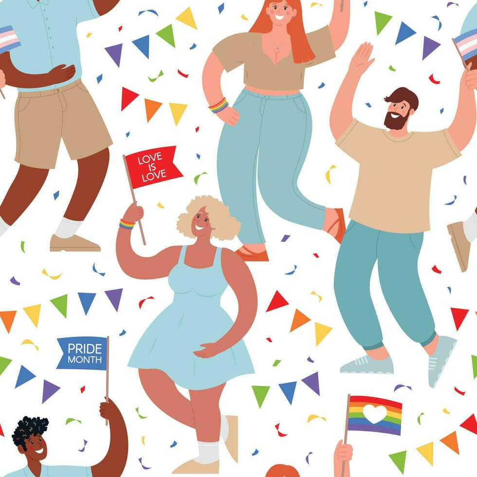 PRIDE MONTH seamless pattern. People from different ethnic backgrounds hold rainbow flags. Hand-drawn flat vector illustration to support the LGBT community. People have fun and celebrate