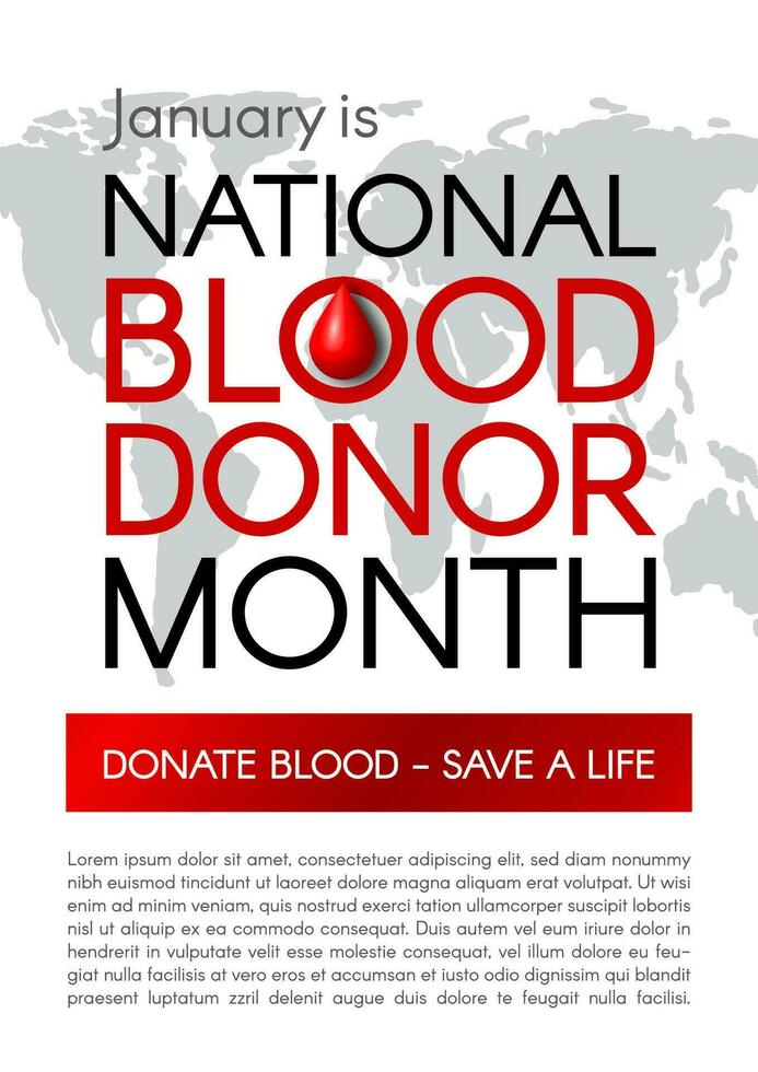 National Blood Donation Month vertical poster with a red ribbon, text, and a world map. Modern vector illustration.