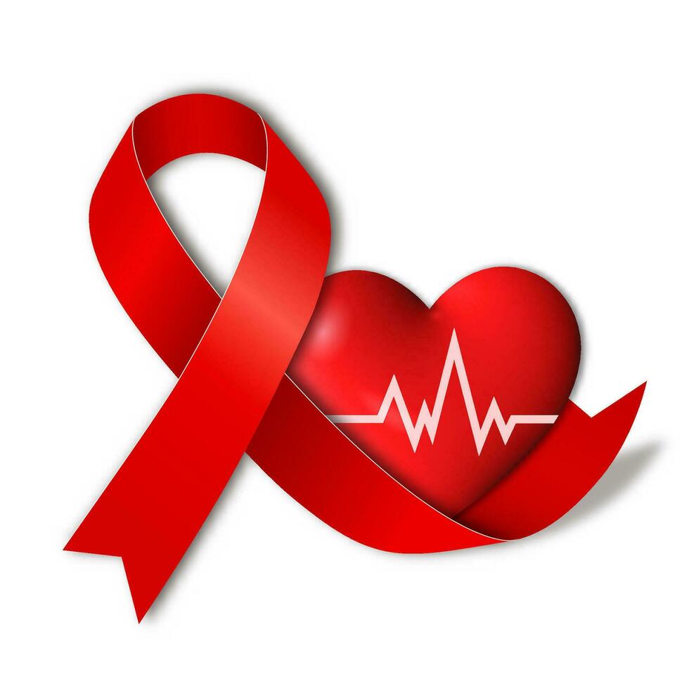 Heartbeat line on the heart with red ribbon. Vector 3D illustration