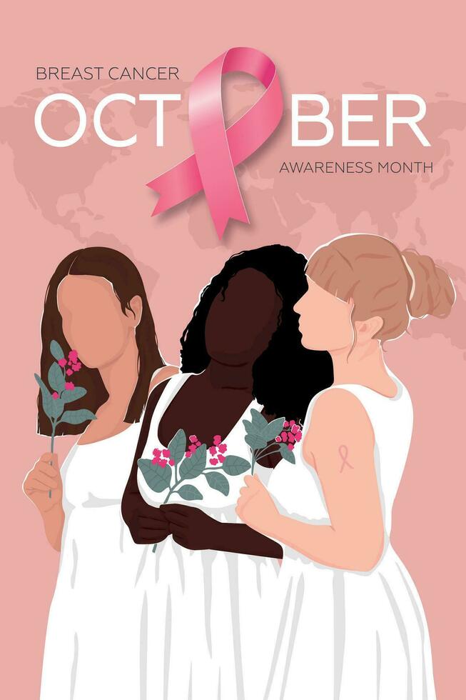 World Breast Cancer Awareness Month. Poster with pink ribbon and Diverse women with different skin colors together. Modern vector illustration.