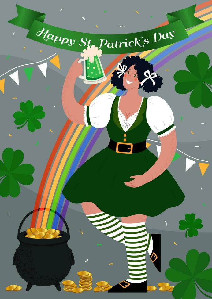 Happy St. Patrick Day vertical Poster. Woman drinks beverage and has fun. Vector flat illustration.