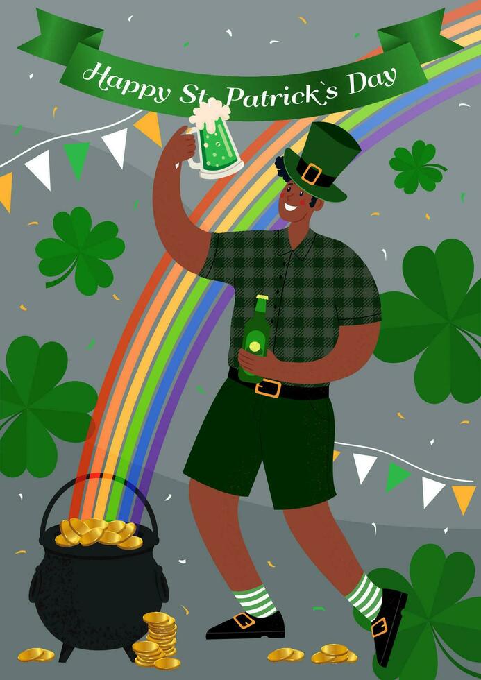 Happy St. Patrick Day Poster. Man drinks beverage and has fun. Vector flat illustration.