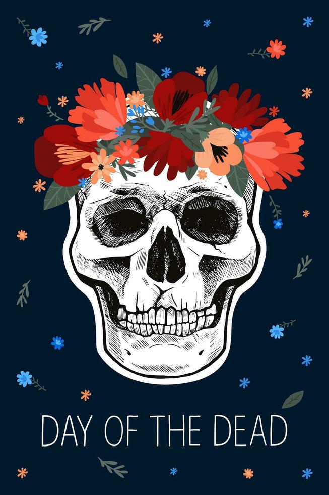 día de el muerto tarjeta. mano dibujado cráneo en un guirnalda de flores y escrito inscripción. moderno plano vector ilustración.