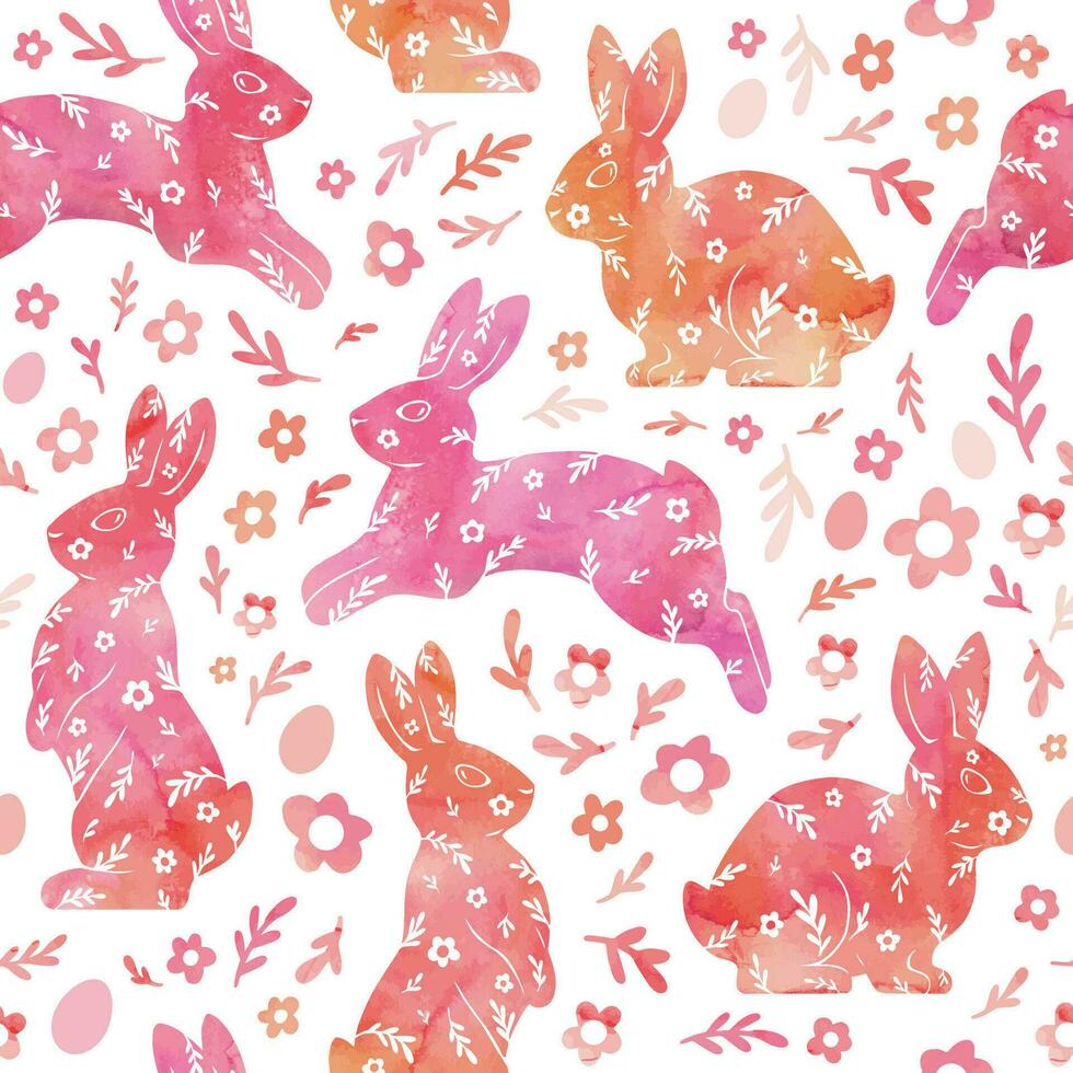 Watercolor drawing of a rabbit, flowers, eggs. Gentle beautiful vector illustration. Orange seamless pattern for fabric, wrapping paper, and wallpaper.