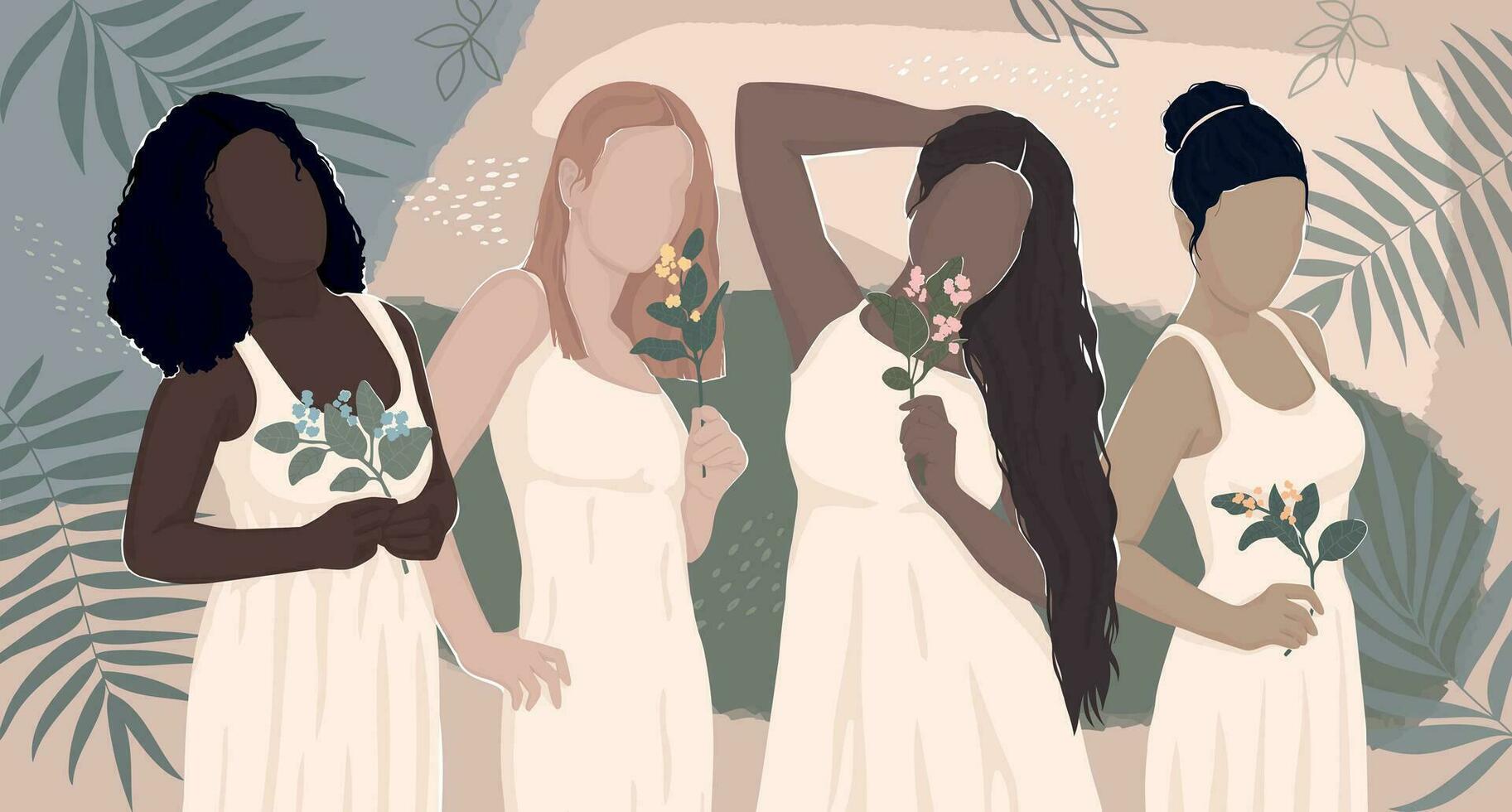 set of drawn women from different ethnic groups in white dresses hold flowers in their hands. vector modern flat illustration. isolated in layers. for postcard, poster, banner, magazine cover.