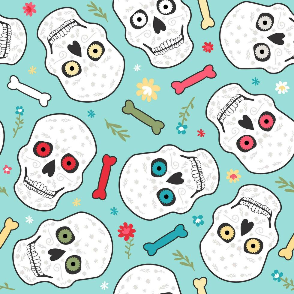 Seamless vector pattern of skulls, bones and flowers. Day of the Dead.