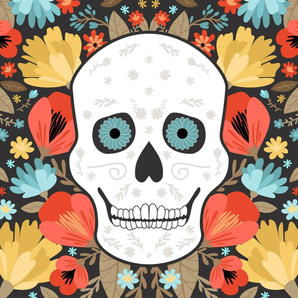 Human skull on a floral background. Day of the dead postcard. Modern vector flat illustration.