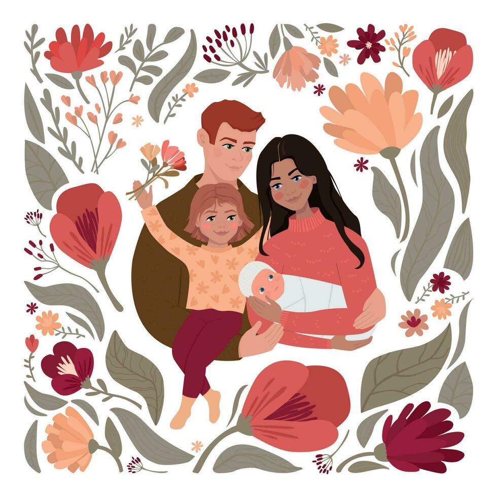 The family hugs. Father, mother, daughter and newborn baby. Warm cute modern illustration with flowers and leaves. vector