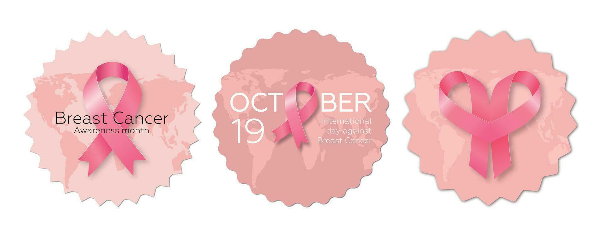 Set of stickers with pink ribbons. Symbol for World Breast Cancer Awareness Month in October. Vector illustration.