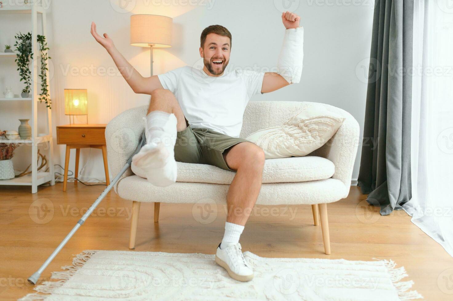 Successful rehabilitation and recovery of people after physical injury such as bone fracture in car or home accident photo
