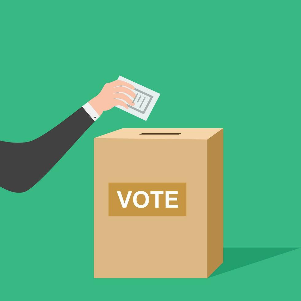 Voting Concept With Ballot Box And Human Hand Holding Voting Paper vector illustration