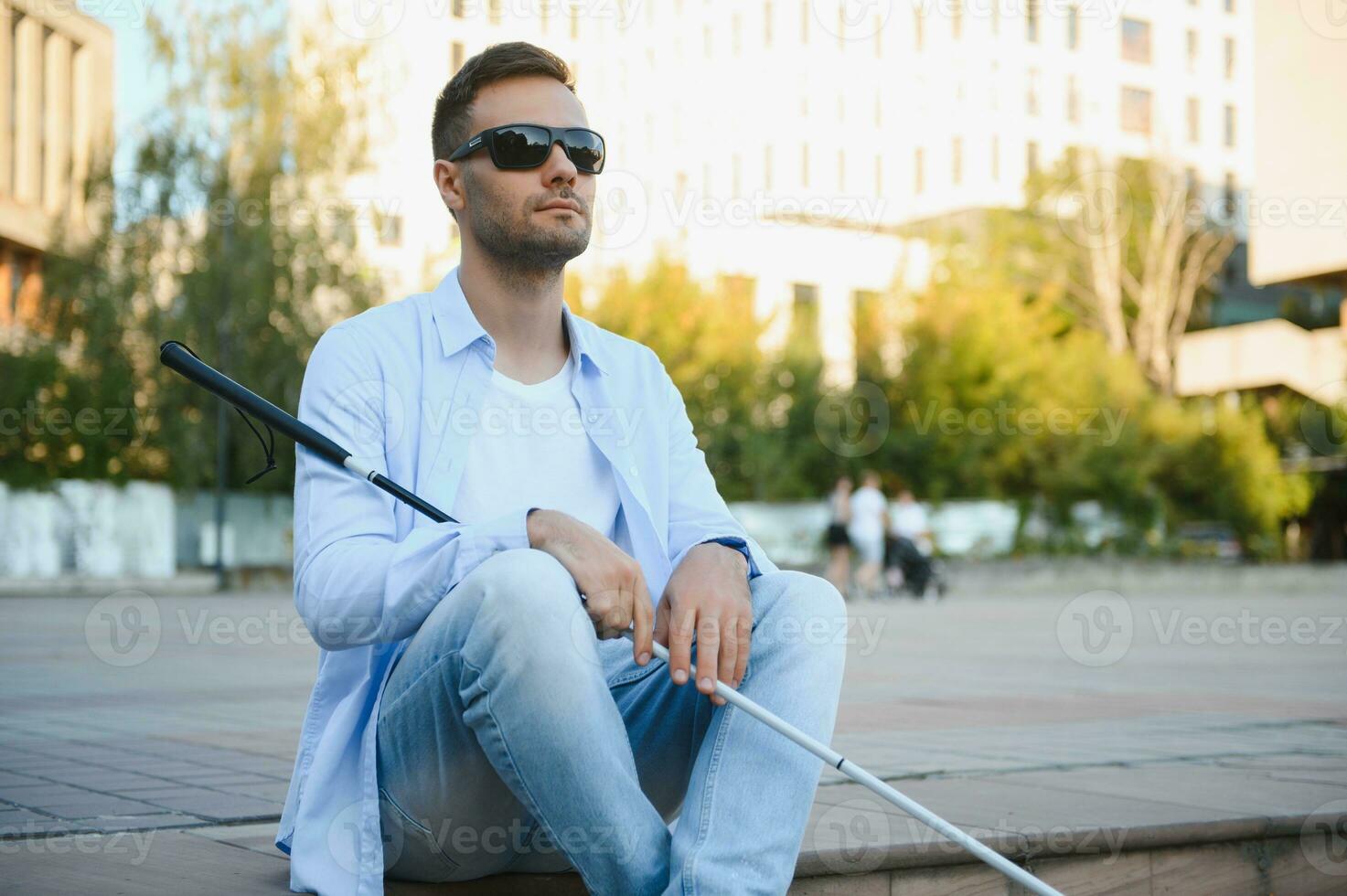 Blind man. Visually impaired man with walking stick, 36384767 Stock Photo  at Vecteezy