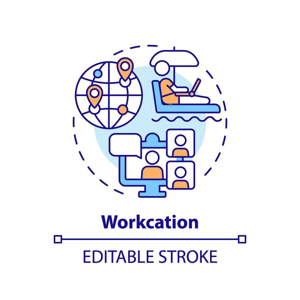 2D editable multicolor workcation icon, simple isolated vector, thin line illustration representing workplace trends. vector