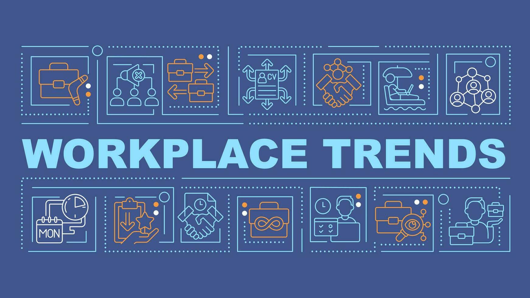 Workplace trends text with various creative thin linear icons concept on dark blue monochromatic background, editable vector illustration.