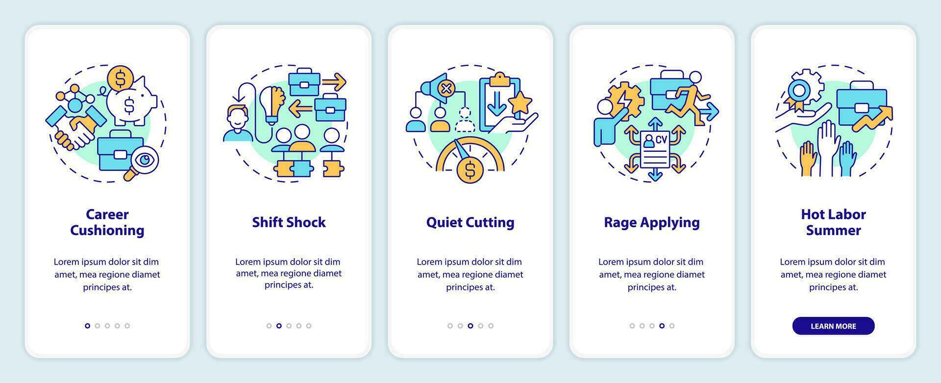 2D icons representing adaptation and career transitions mobile app screen set. Walkthrough 5 steps colorful graphic instructions with thin line icons concept, UI, UX, GUI template. vector