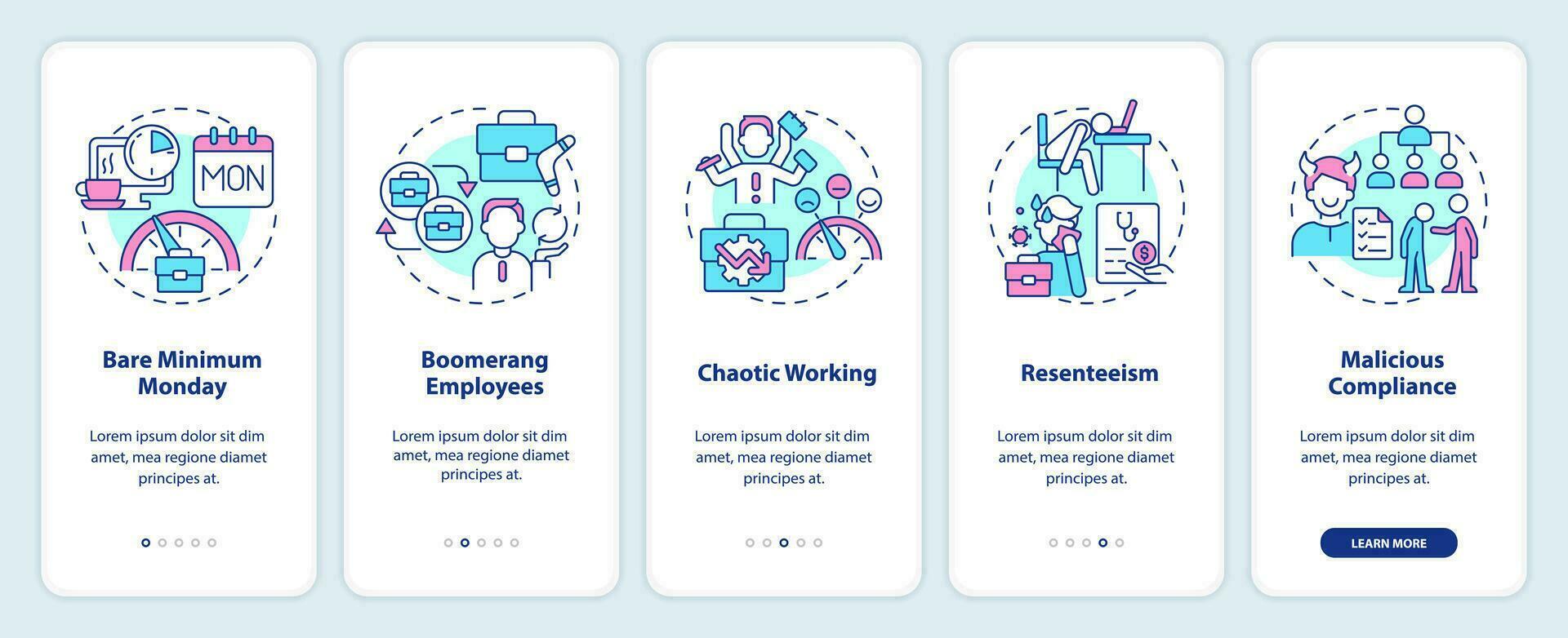 2D icons representing work culture and relationships mobile app screen set. Walkthrough 5 steps multicolor graphic instructions with thin line icons concept, UI, UX, GUI template. vector