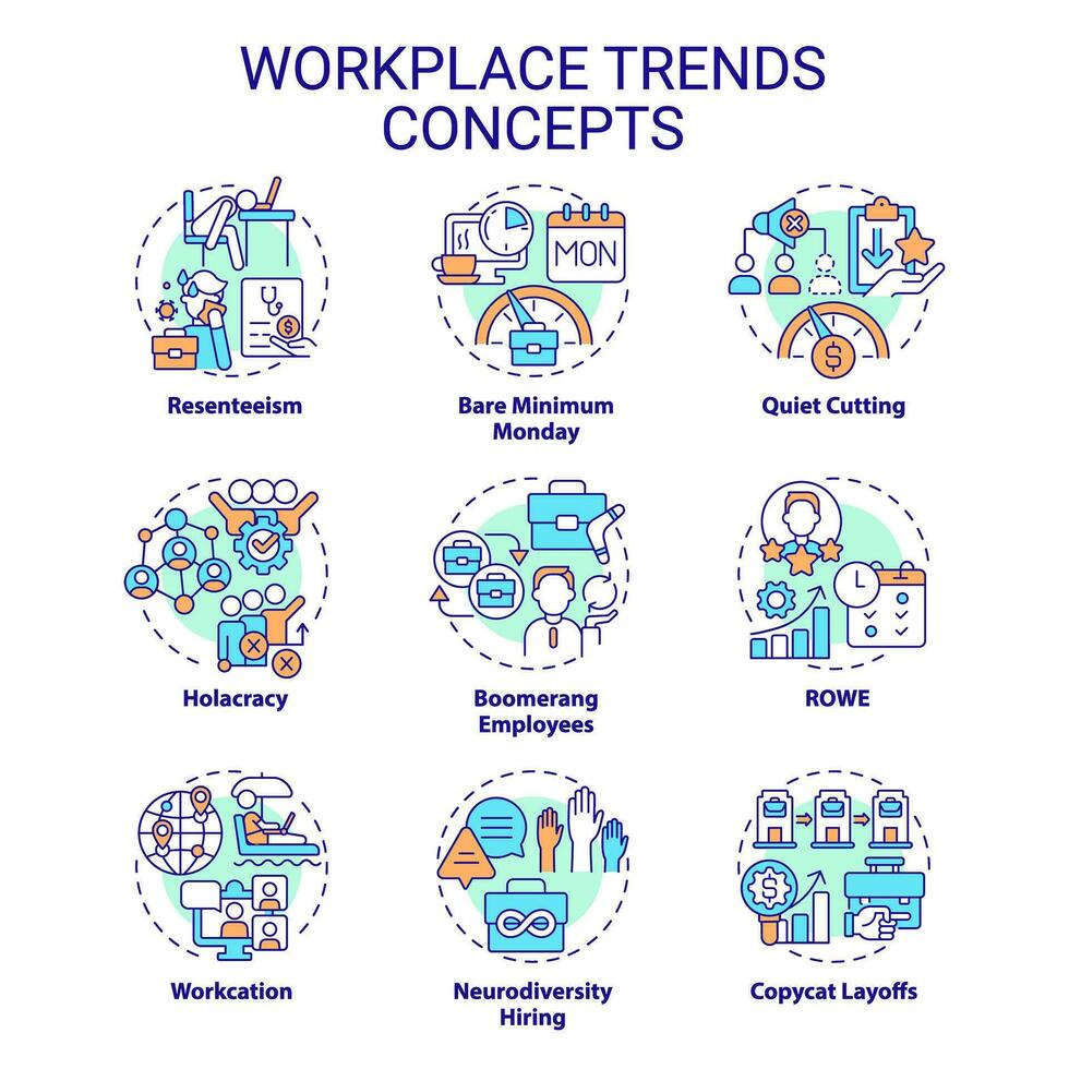 Collection of 2D editable colorful thin line icons representing workplace trends, isolated simple vector, linear illustration. vector