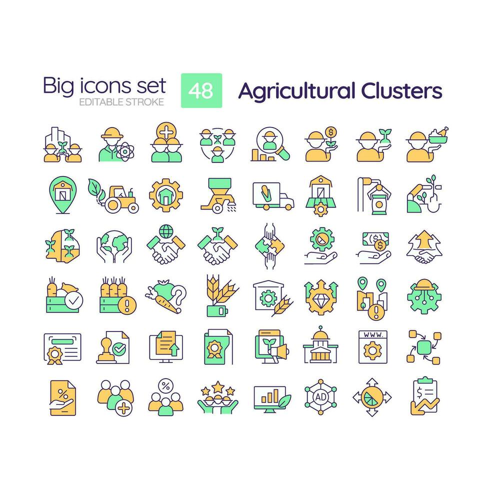 2D editable multicolor big thin line icons set representing agricultural clusters, isolated simple vector, linear illustration. vector