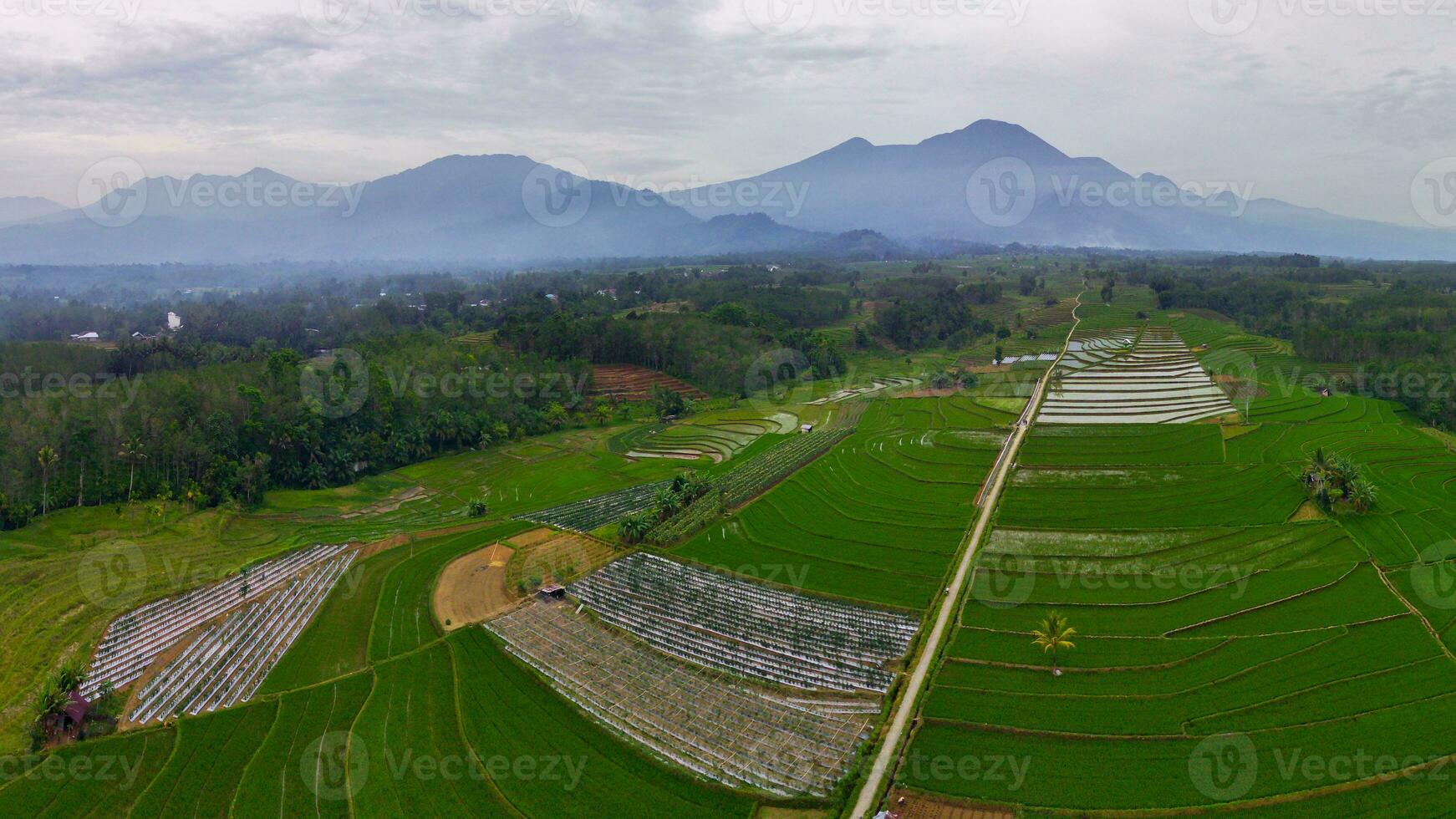 the beauty of the morning panorama with sunrise in indonesia village photo