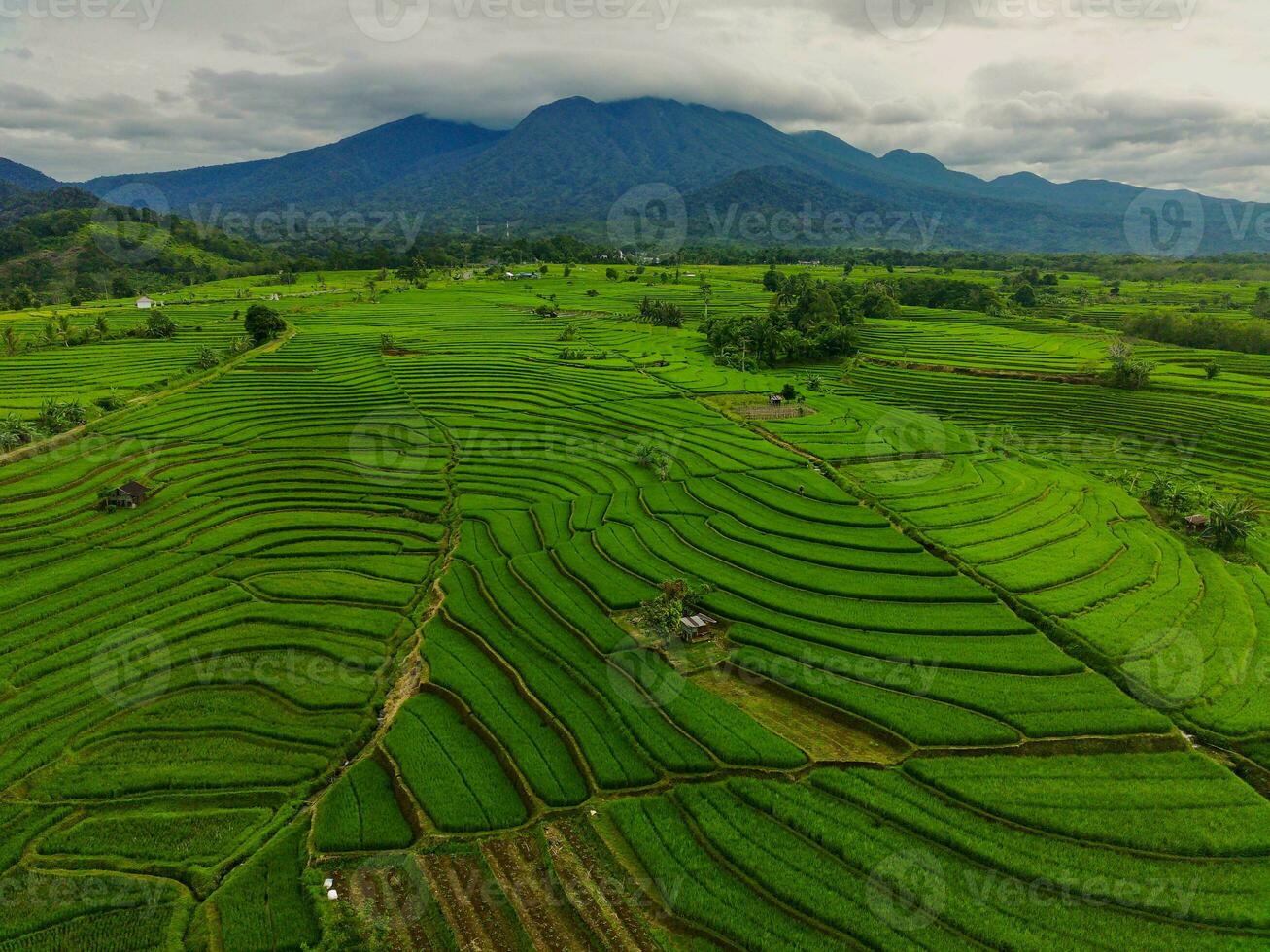 the beauty of the morning panorama with sunrise in indonesia village photo