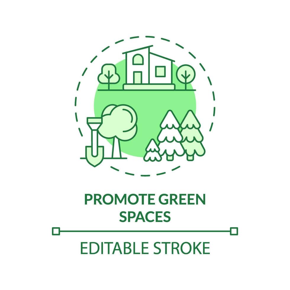 2D editable green promote green spaces icon, monochromatic isolated vector, thin line illustration representing environmental psychology. vector