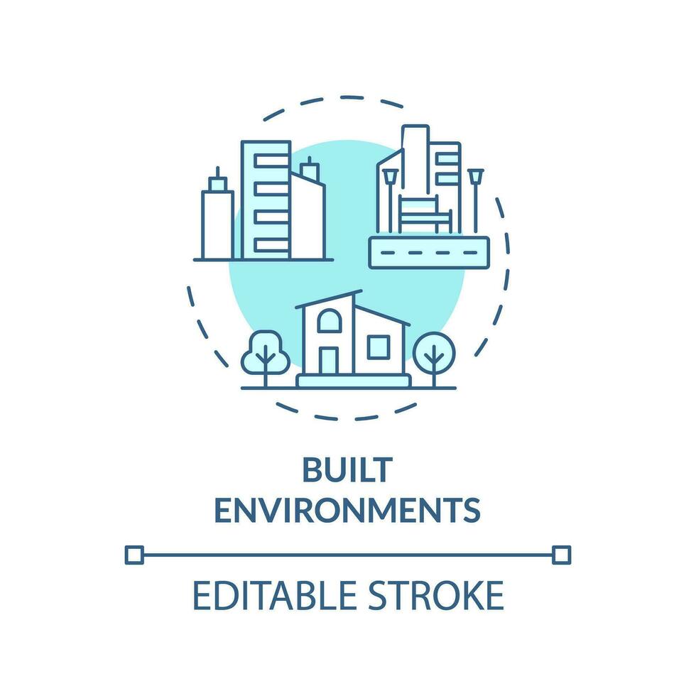 2D editable blue built environments icon, monochromatic isolated vector, thin line illustration representing environmental psychology. vector