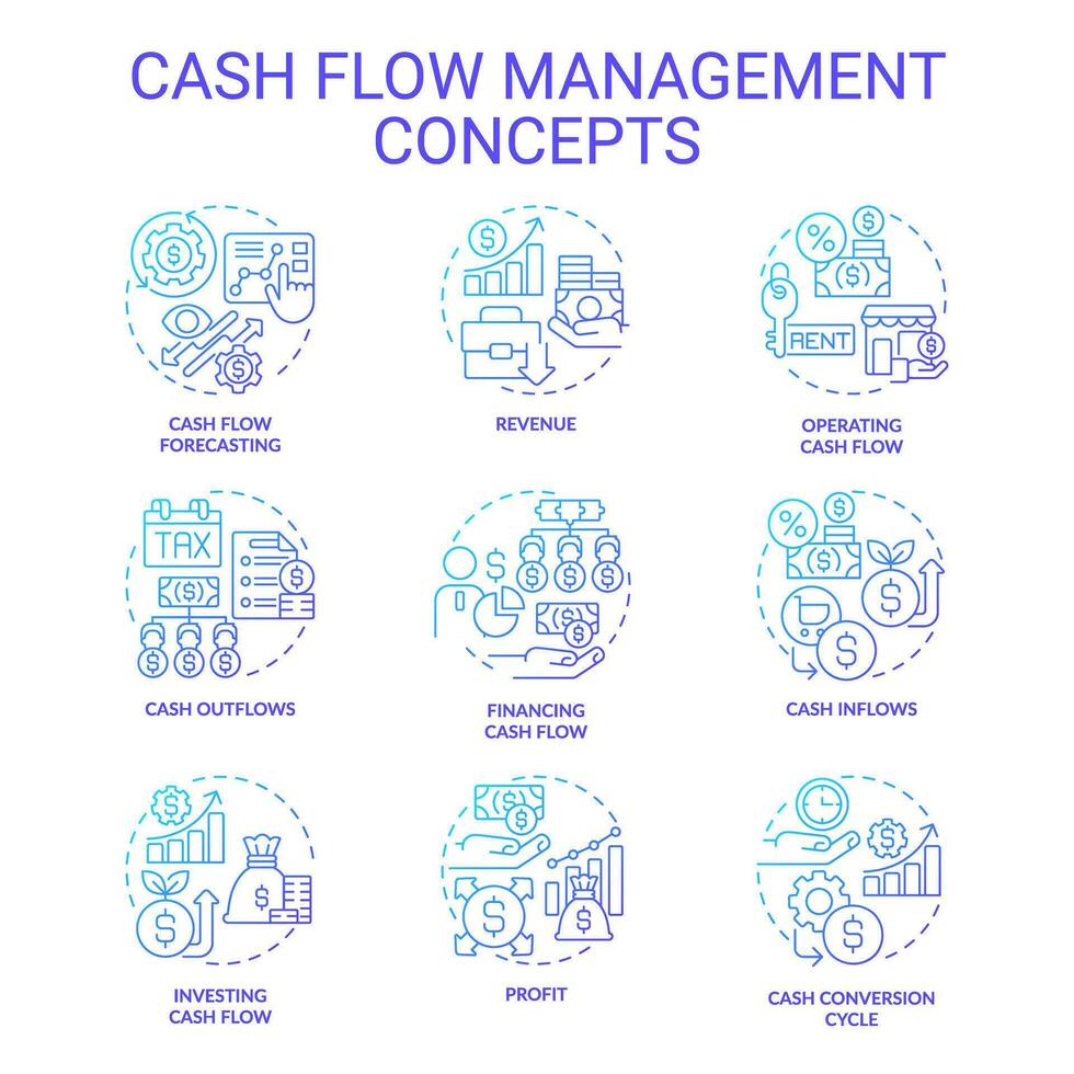 Set of 2D gradient thin line icons representing cash flow management, isolated simple vector, linear illustration. vector