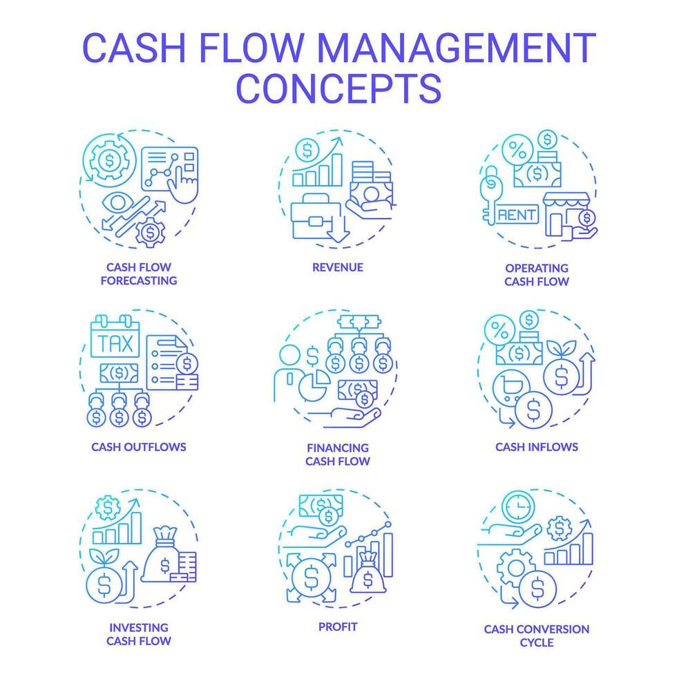 Set of 2D gradient thin line icons representing cash flow management, isolated simple vector, linear illustration. vector