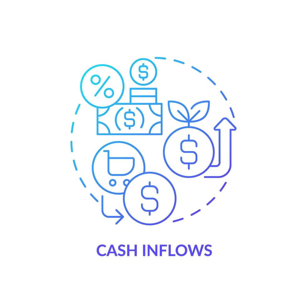 2D gradient cash inflows icon, simple isolated vector, blue thin line illustration representing cash flow management. vector