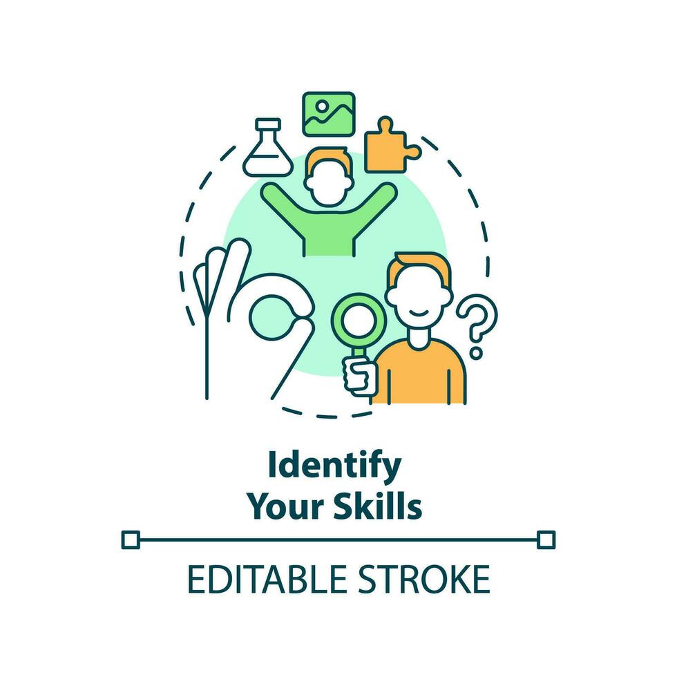 2D editable multicolor identify your skills icon, simple isolated vector, thin line illustration representing workplace trends. vector