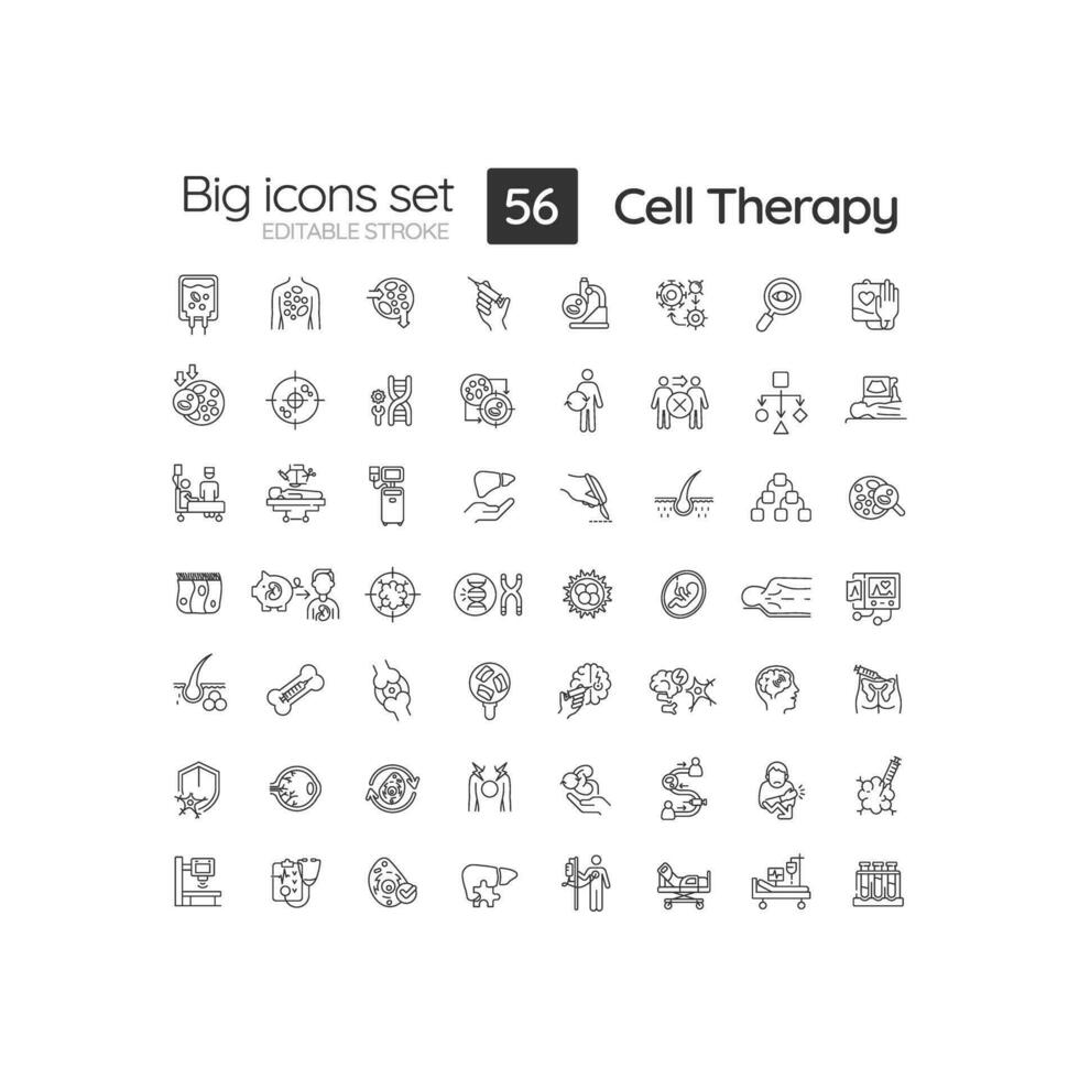 2D editable black big thin line icons set representing cell therapy, isolated simple vector, linear illustration. vector