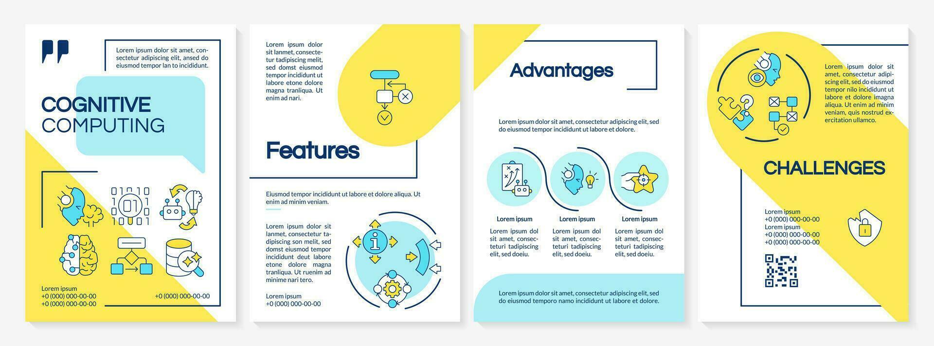 Creative cognitive computing brochure template, leaflet design with thin linear icons, 4 vector layouts.