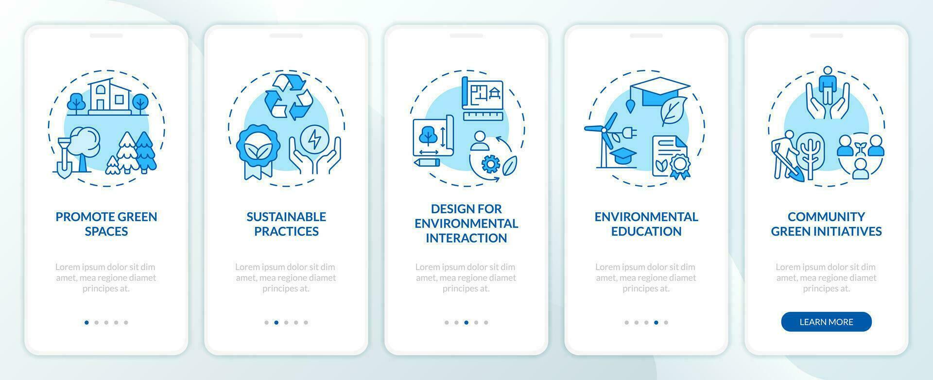 2D icons representing environmental psychology mobile app screen set. Walkthrough 5 steps blue graphic instructions with line icons concept, UI, UX, GUI template. vector