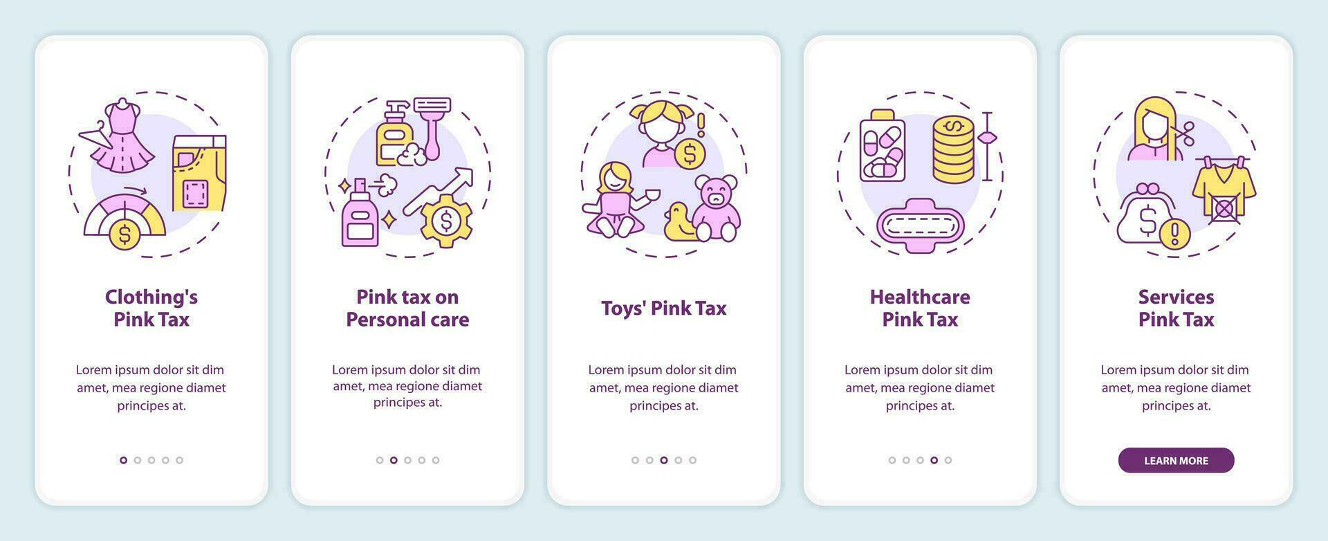 2d íconos representando rosado impuesto móvil aplicación pantalla colocar. recorrido 5 5 pasos multicolor gráfico instrucciones con Delgado línea íconos concepto, ui, ux, gui modelo. vector