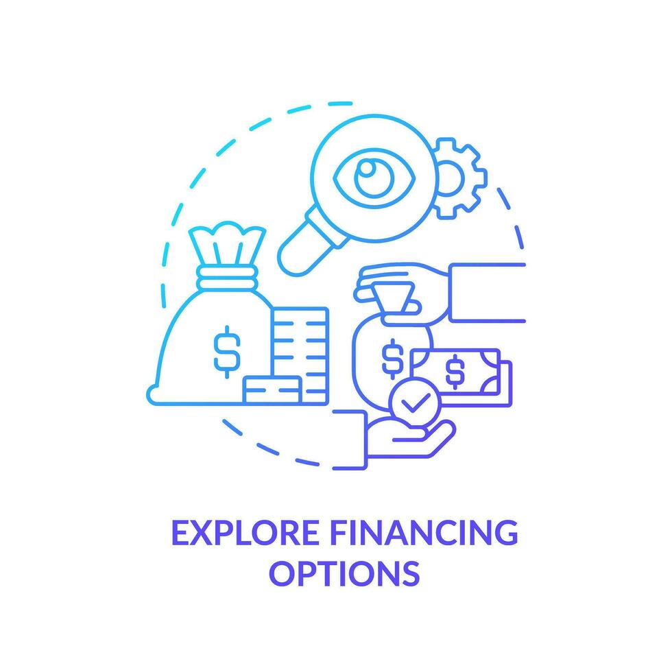 2D gradient explore financing options icon, simple isolated vector, blue thin line illustration representing cash flow management. vector