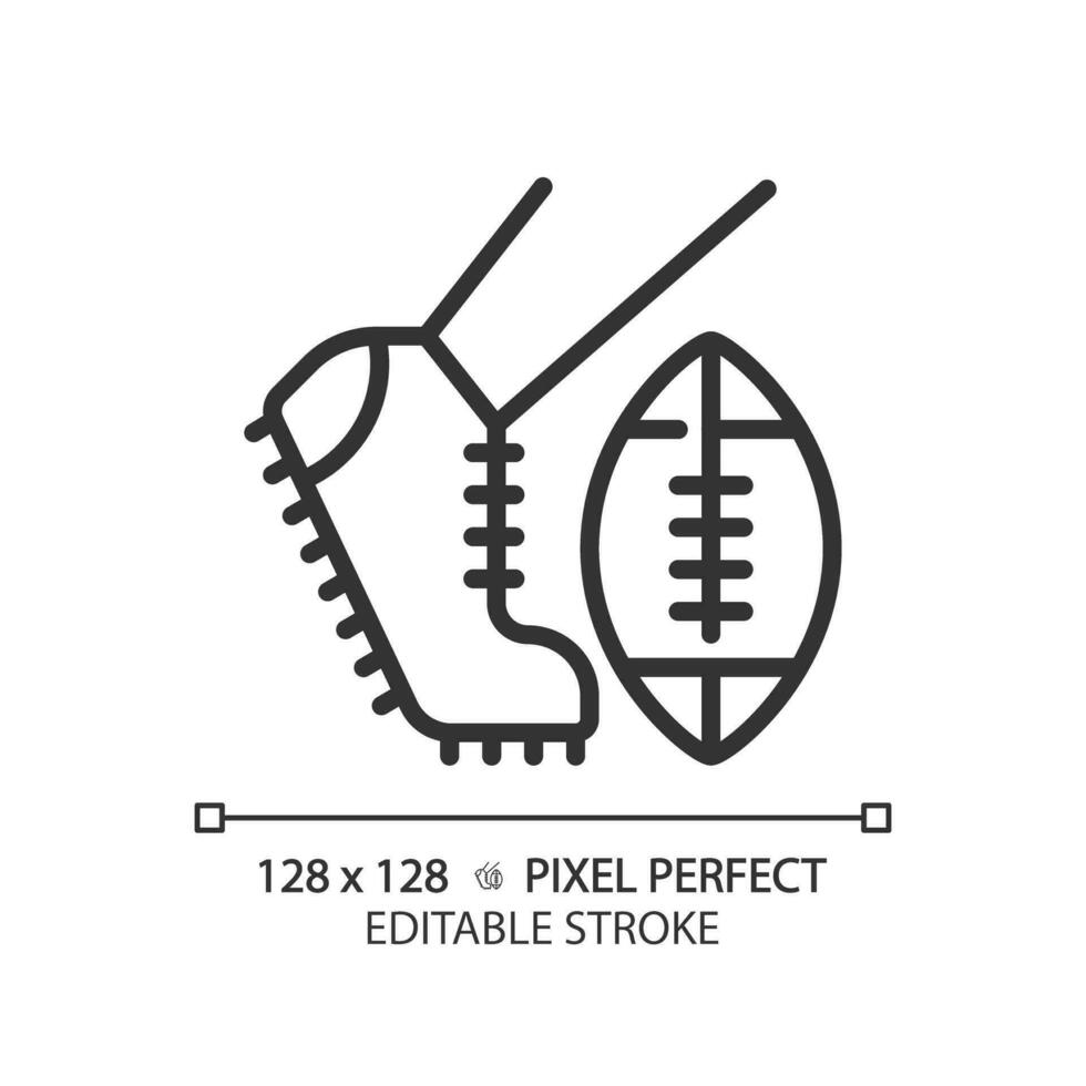 Kickoff linear icon. American football match. Initial kick of game. Kicking pigskin ball in center of football field. Thin line illustration. Contour symbol. Vector outline drawing. Editable stroke
