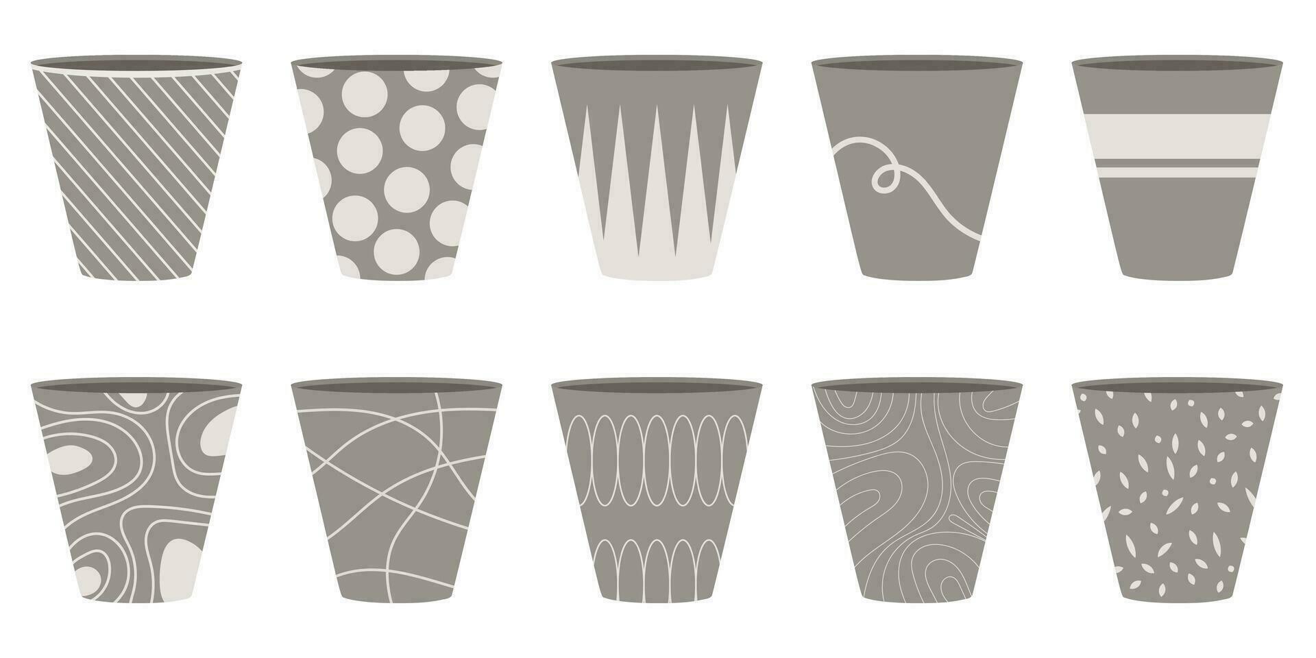 Ceramic flower pots. Set of vector illustrations isolated on white background.