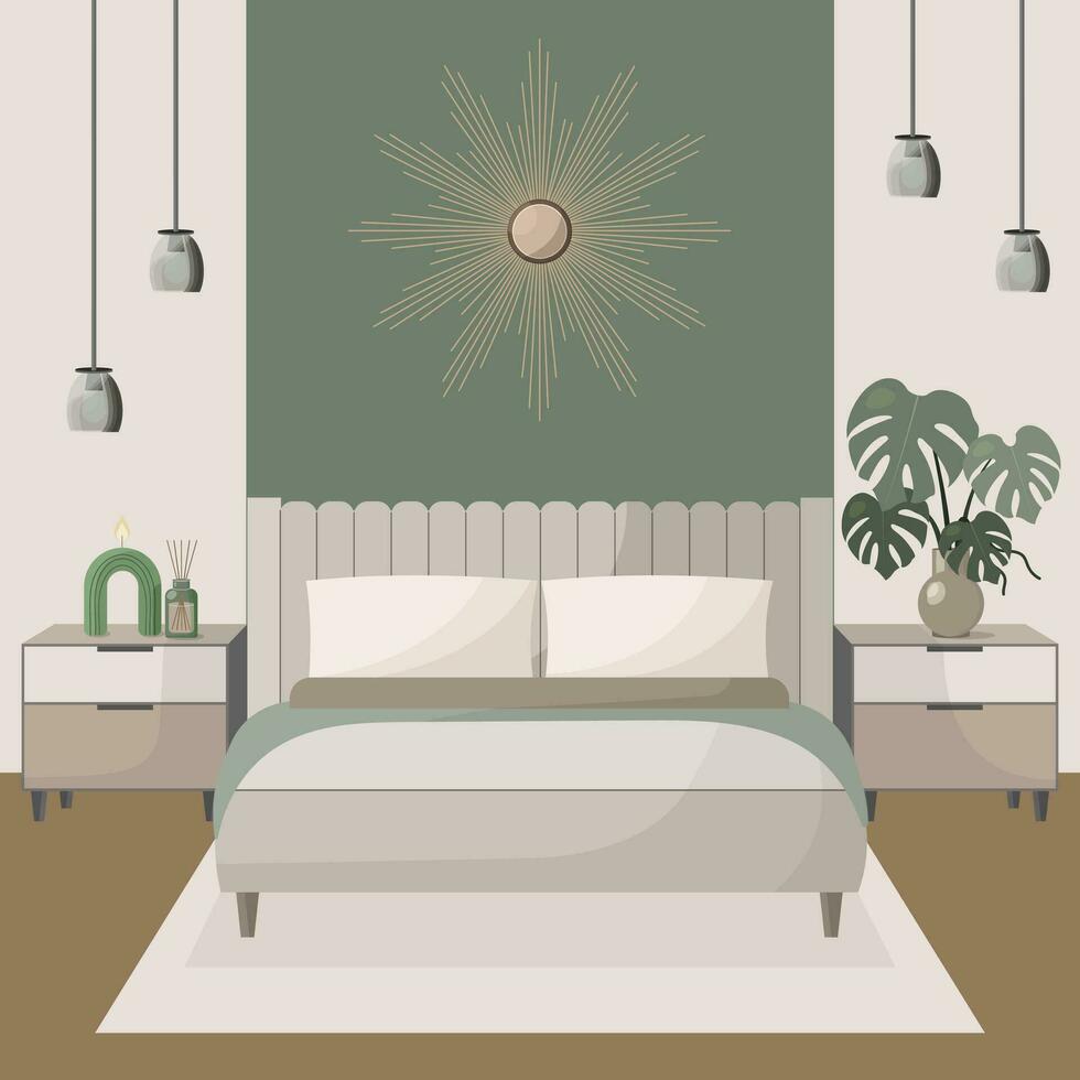 acogedor dormitorio en beige y verde tonos con moderno decoración. vector ilustración